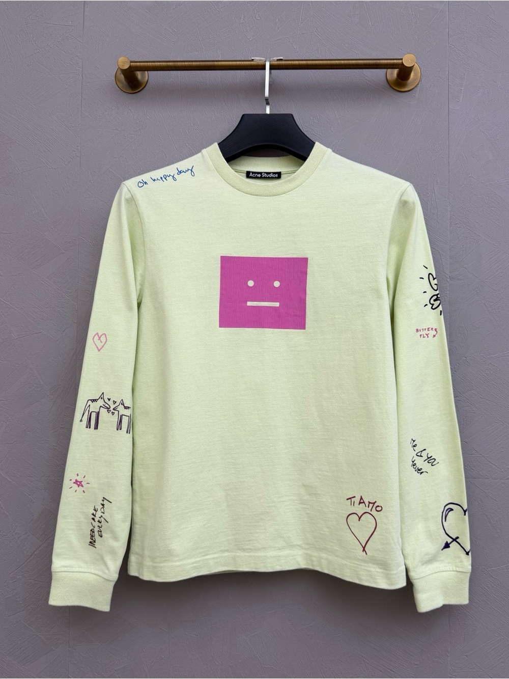 🚩steal Acne Light Green Long-Sleeve Tee with Pink Face Graphic